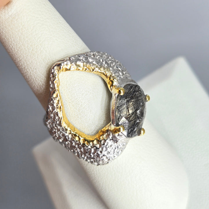 "Space Within" Sz 7.5 Ring - Tourmalinated Quartz, Sterling, 18k Gold Accents