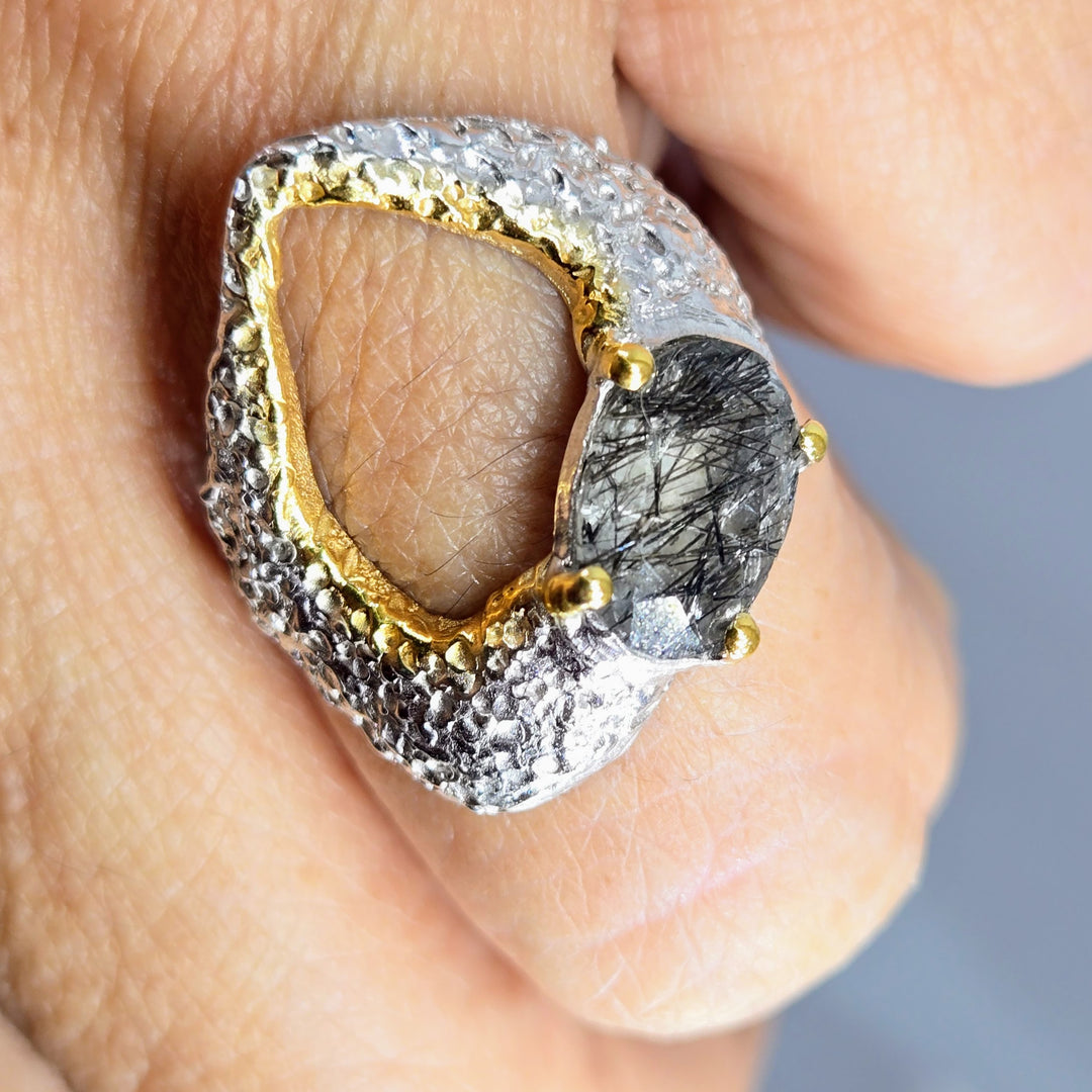"Space Within" Sz 7.5 Ring - Tourmalinated Quartz, Sterling, 18k Gold Accents