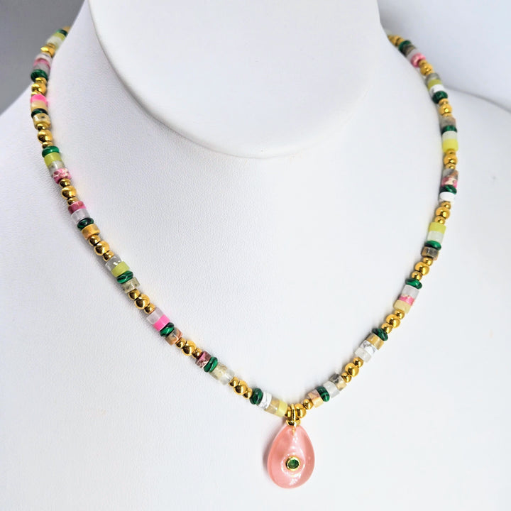 "Candy Necklace #5" 16" - 18" Necklace - Cherry Quartz, Onyx, Jasper, Malachite, Gold-PVD Findings