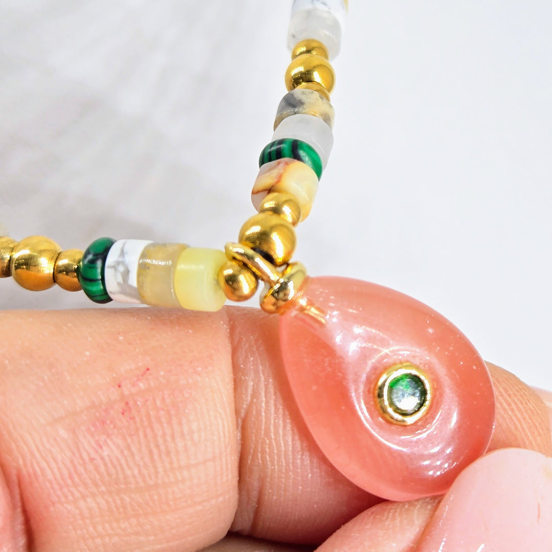 "Candy Necklace #5" 16" - 18" Necklace - Cherry Quartz, Onyx, Jasper, Malachite, Gold-PVD Findings