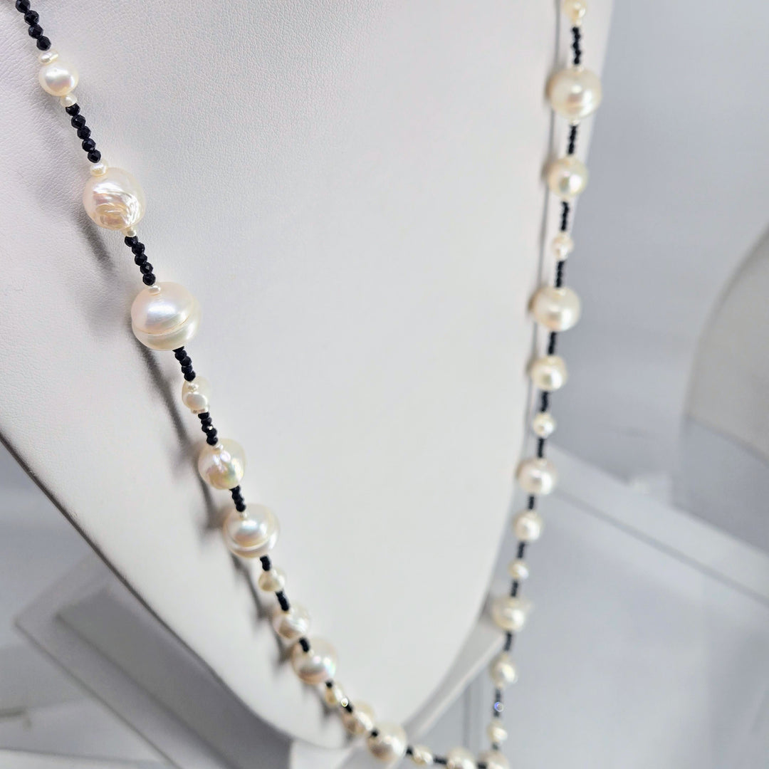 "Baroque Darlings" 34" Necklace - Pearls, Black Spinel + Enhancer Clip