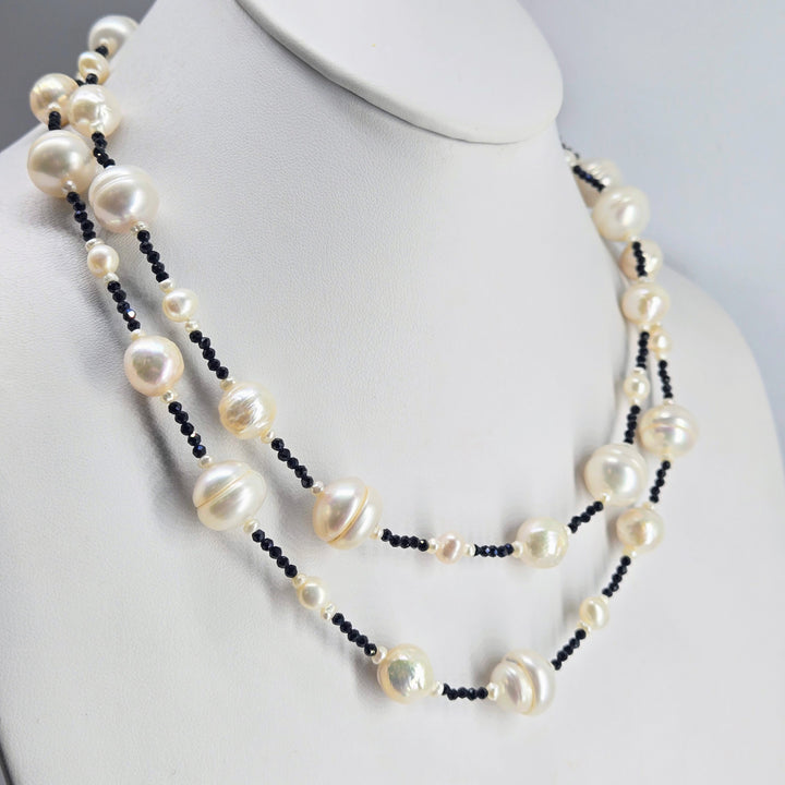 "Baroque Darlings" 34" Necklace - Pearls, Black Spinel + Enhancer Clip