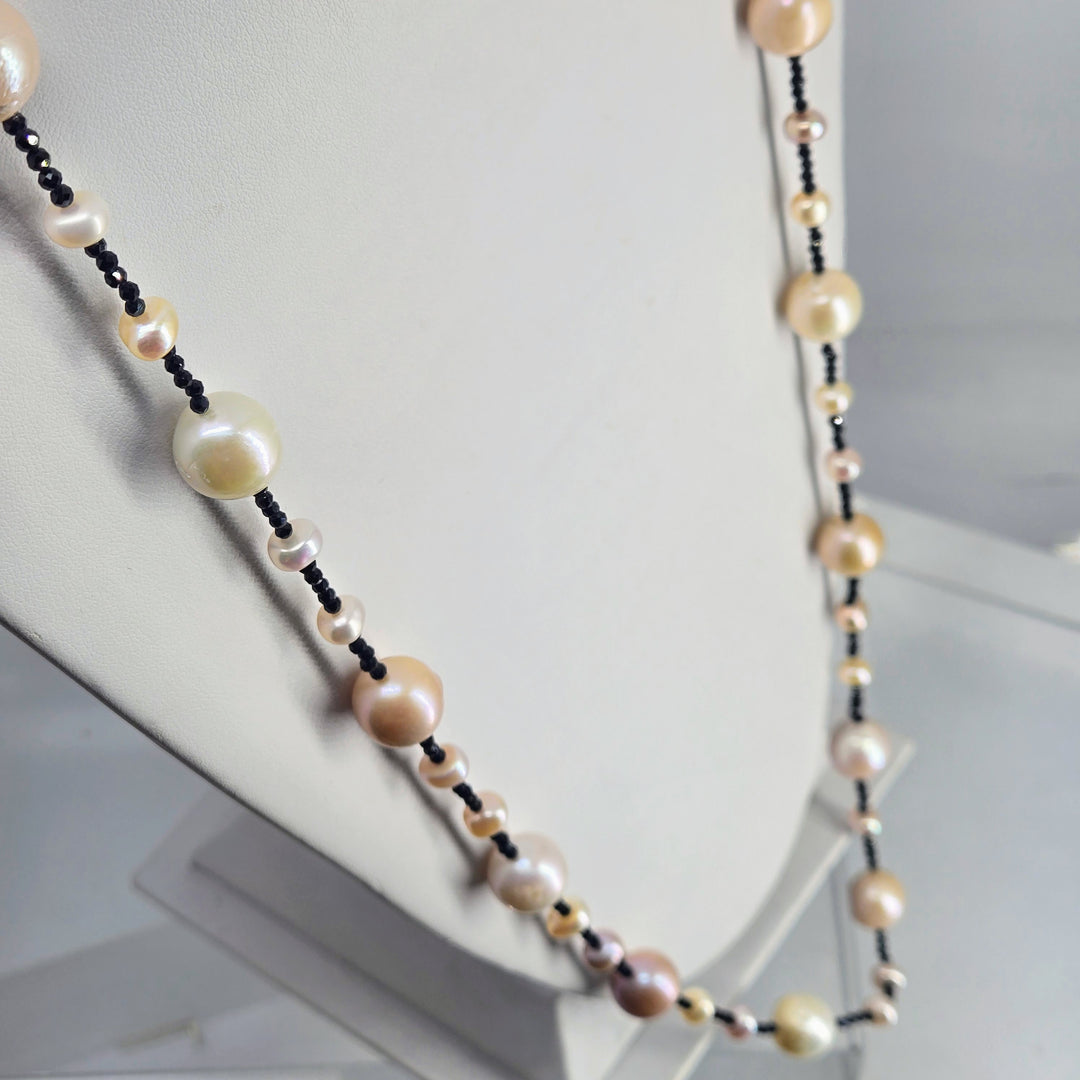 "Baroque Darlings" 34" Necklace - Pearls, Black Spinel + Enhancer Clip