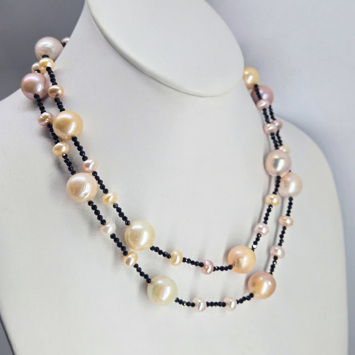 "Baroque Darlings" 34" Necklace - Pearls, Black Spinel + Enhancer Clip