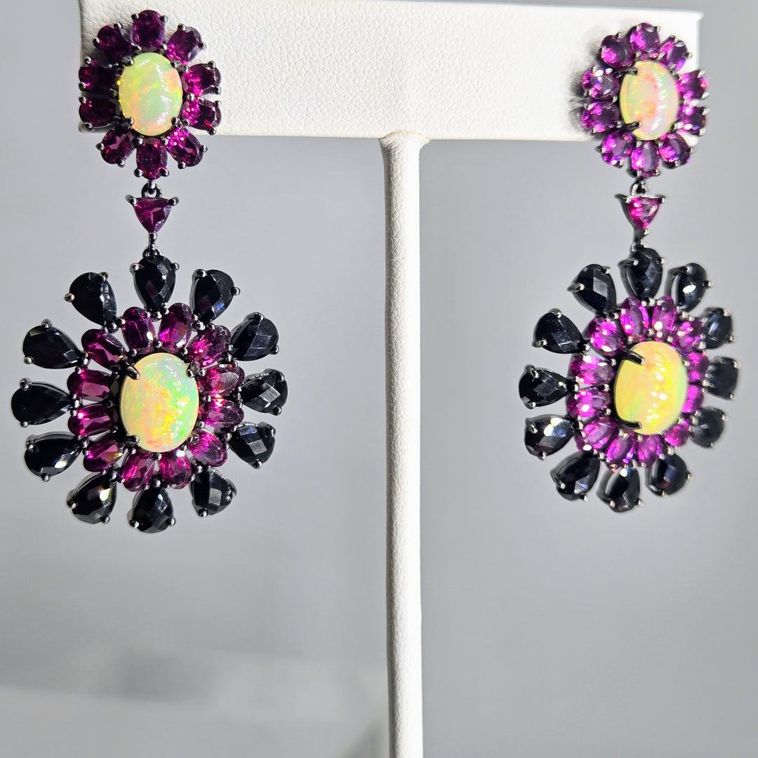 "Night Blooms" 2.25" Earrings - White Opal, Black Spinel, Rhodolite Garnet, Black Sterling