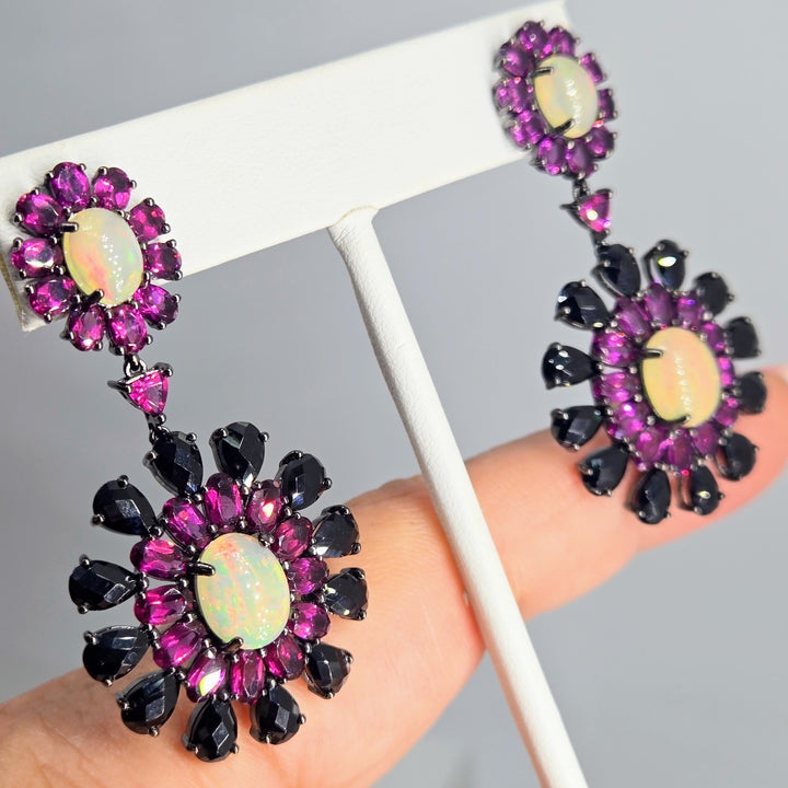 "Night Blooms" 2.25" Earrings - White Opal, Black Spinel, Rhodolite Garnet, Black Sterling