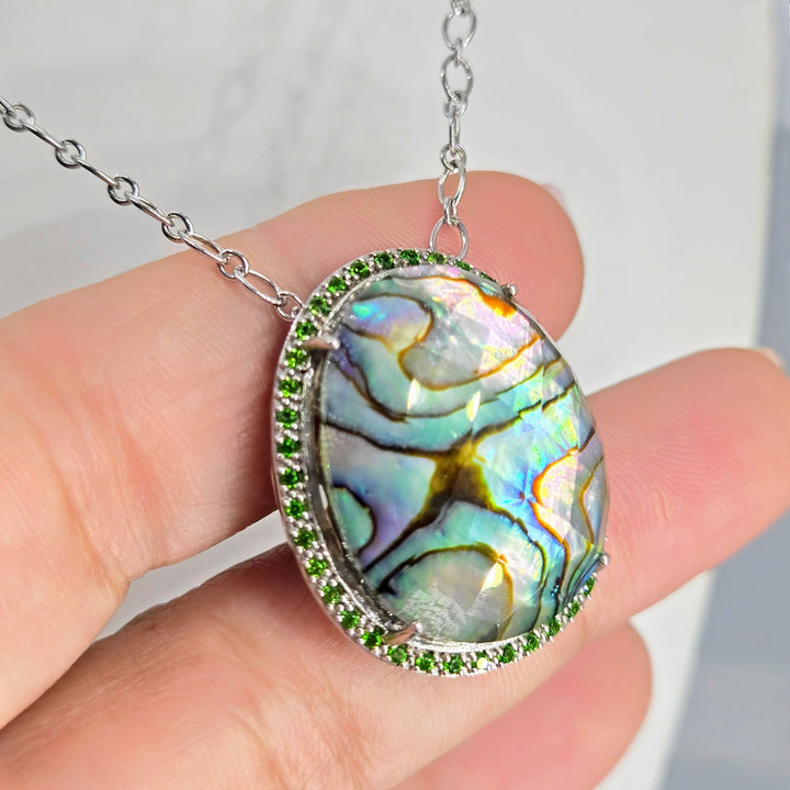 "Girl Paua!" Pendant Necklace - Paua Shell, Quartz, Chrome Diopside, Anti-tarnish Sterling