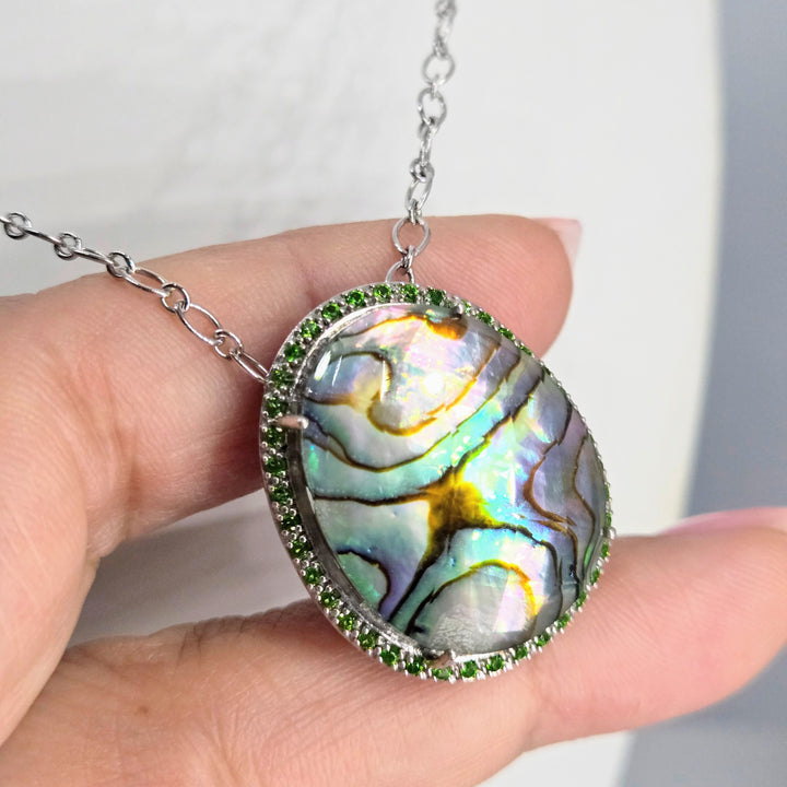 "Girl Paua!" Pendant Necklace - Paua Shell, Quartz, Chrome Diopside, Anti-tarnish Sterling