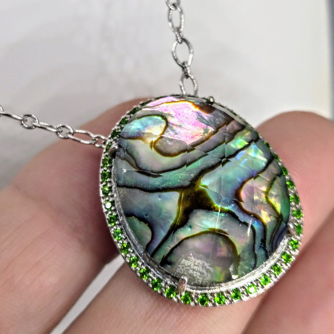 "Girl Paua!" Pendant Necklace - Paua Shell, Quartz, Chrome Diopside, Anti-tarnish Sterling