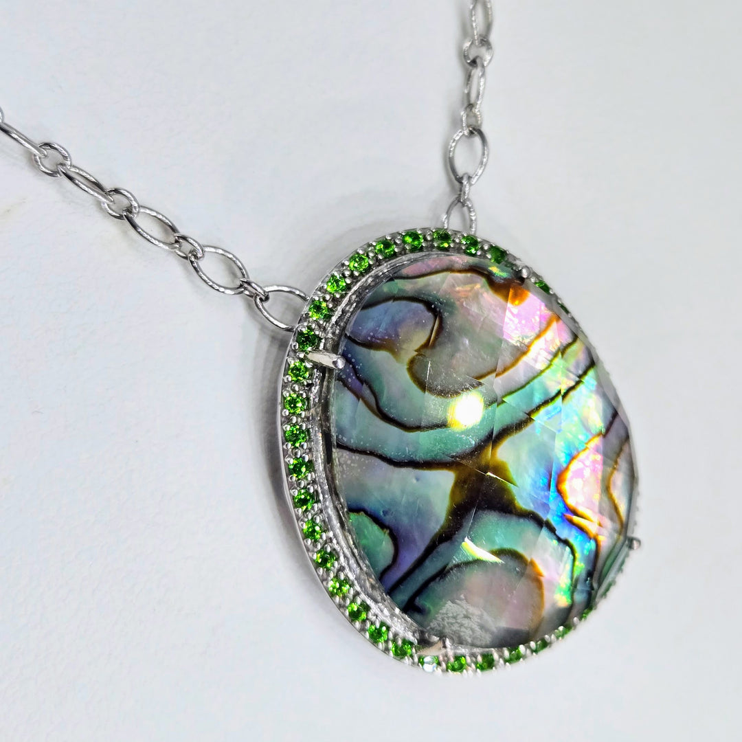 "Girl Paua!" Pendant Necklace - Paua Shell, Quartz, Chrome Diopside, Anti-tarnish Sterling