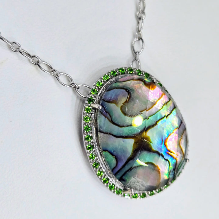 "Girl Paua!" Pendant Necklace - Paua Shell, Quartz, Chrome Diopside, Anti-tarnish Sterling