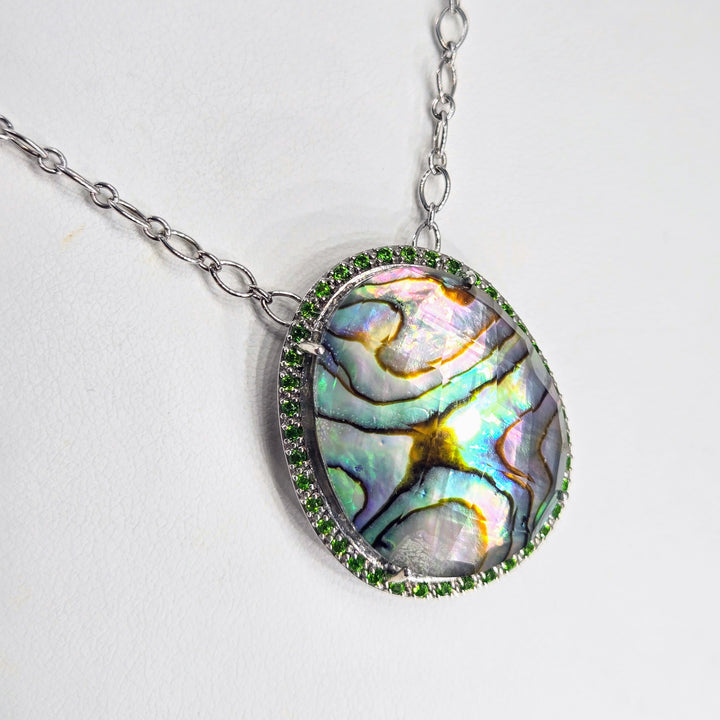 "Girl Paua!" Pendant Necklace - Paua Shell, Quartz, Chrome Diopside, Anti-tarnish Sterling