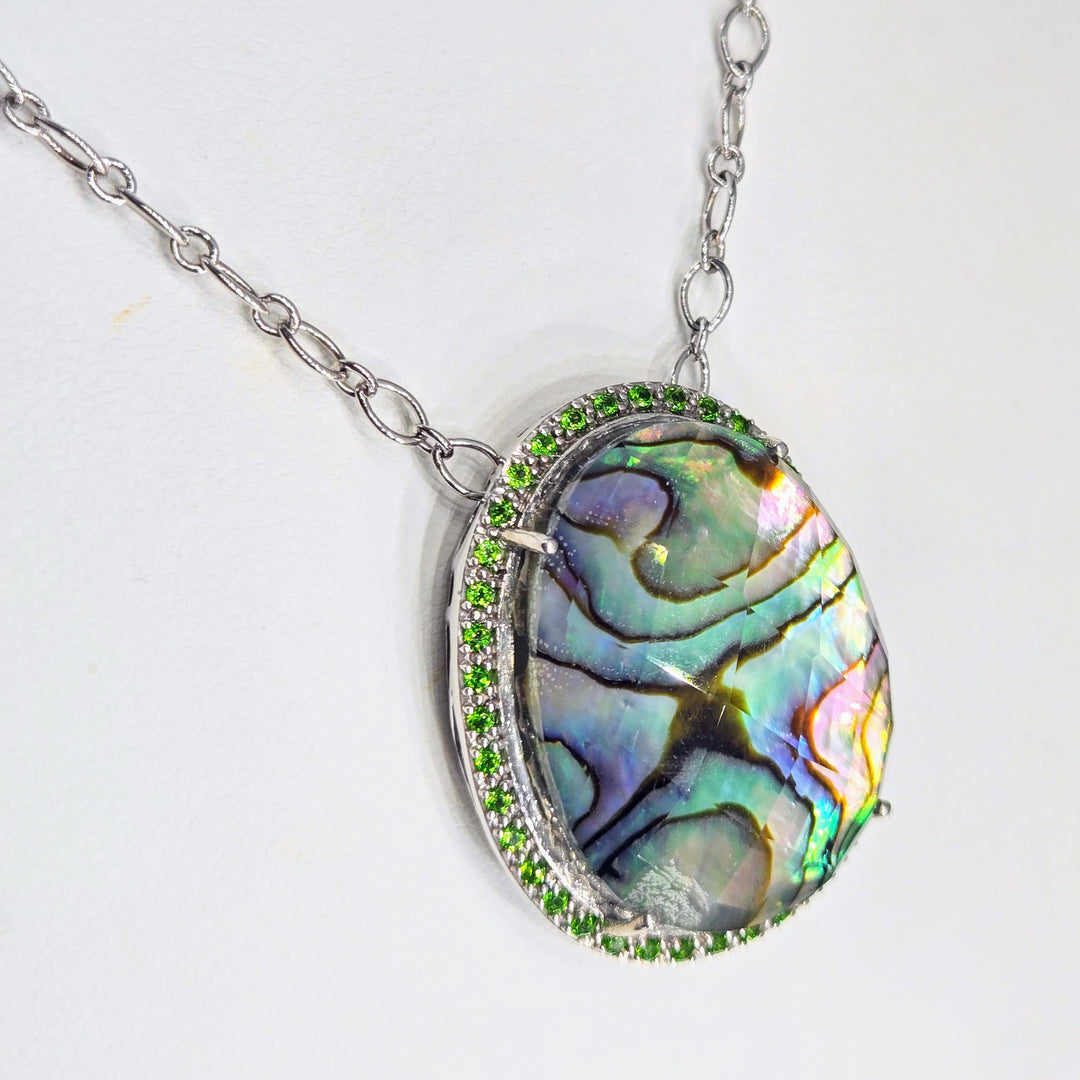 "Girl Paua!" Pendant Necklace - Paua Shell, Quartz, Chrome Diopside, Anti-tarnish Sterling