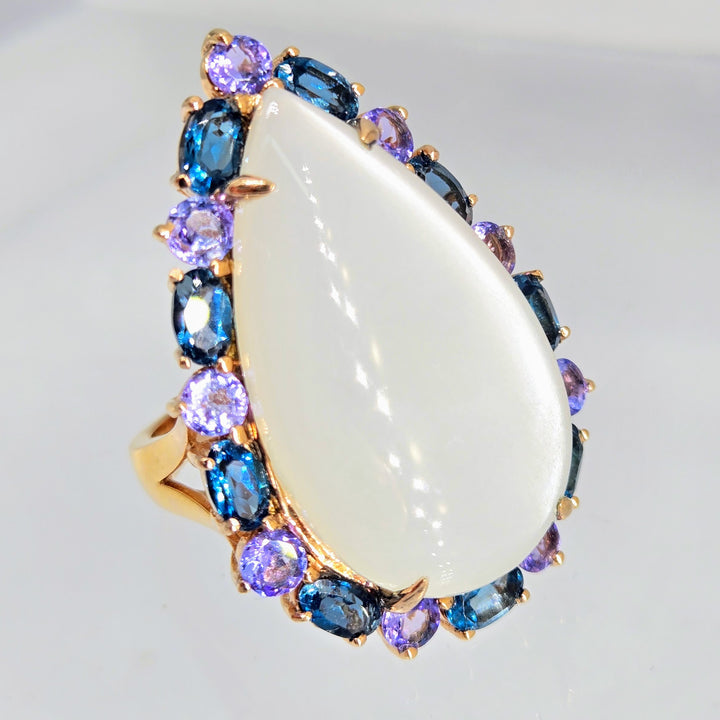 "Moon Glow" Sz 8 Ring - White Moonstone, London Blue Topaz, Tanzanite, Anti-tarnish Pink Gold Sterling