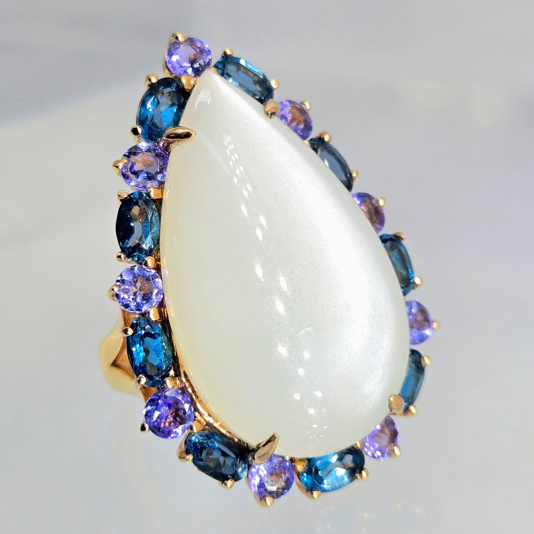 "Moon Glow" Sz 8 Ring - White Moonstone, London Blue Topaz, Tanzanite, Anti-tarnish Pink Gold Sterling