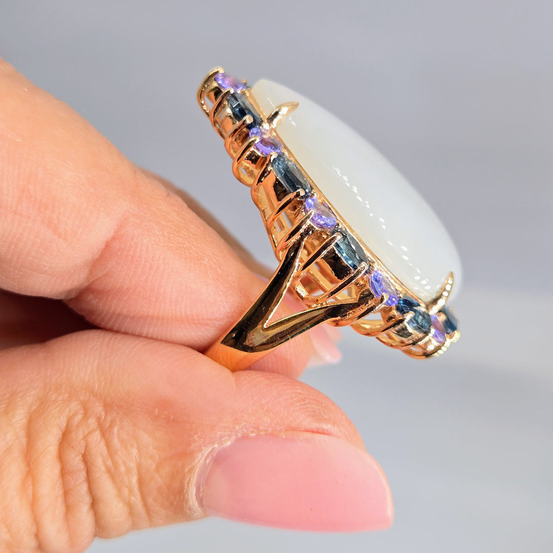 "Moon Glow" Sz 8 Ring - White Moonstone, London Blue Topaz, Tanzanite, Anti-tarnish Pink Gold Sterling