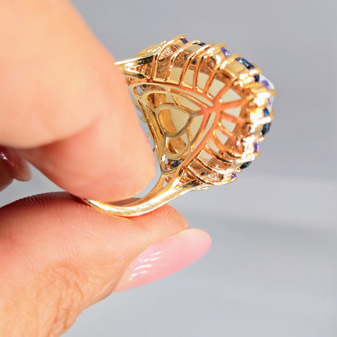 "Moon Glow" Sz 8 Ring - White Moonstone, London Blue Topaz, Tanzanite, Anti-tarnish Pink Gold Sterling