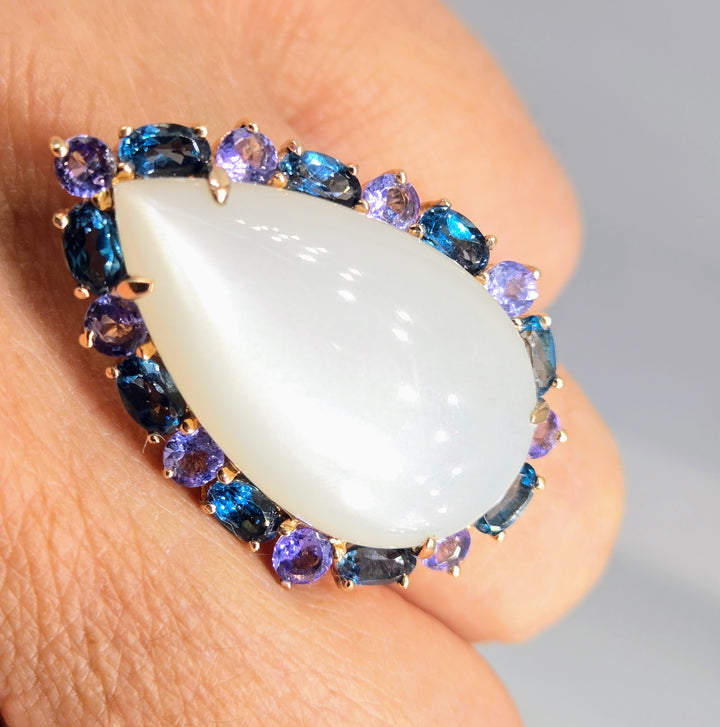 "Moon Glow" Sz 8 Ring - White Moonstone, London Blue Topaz, Tanzanite, Anti-tarnish Pink Gold Sterling