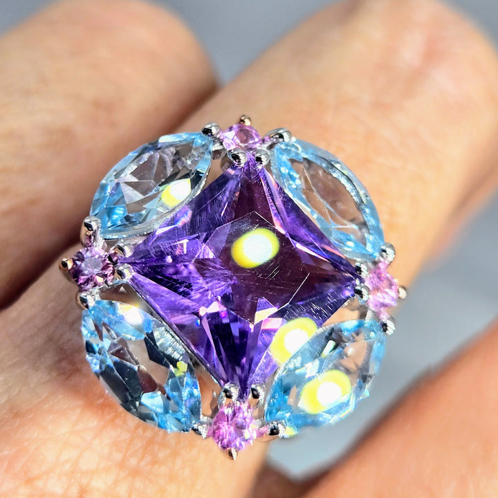 "Love Nest" Sz 8 Ring - Amethyst, Topaz, Sapphire, Anti-tarnish Sterling
