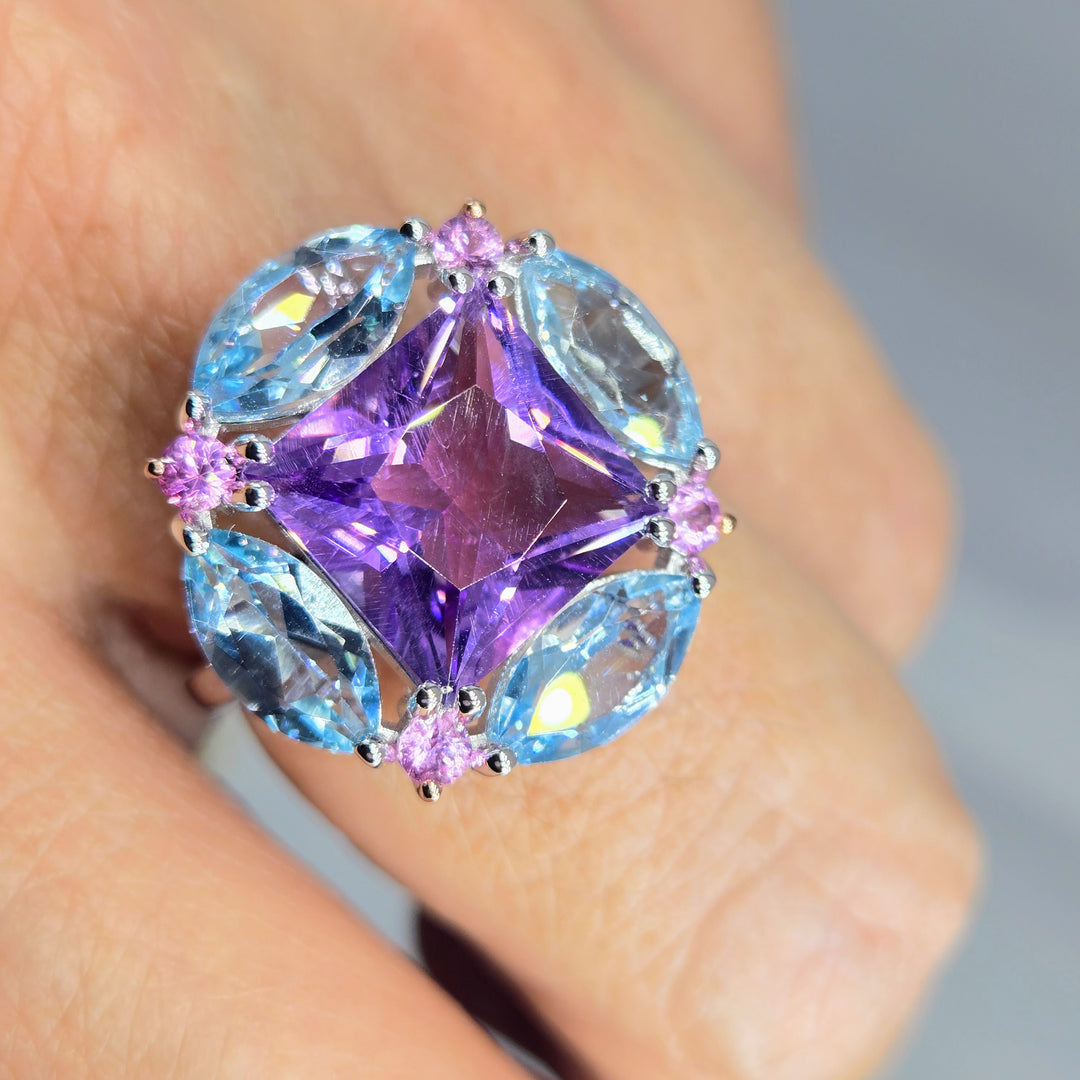 "Love Nest" Sz 8 Ring - Amethyst, Topaz, Sapphire, Anti-tarnish Sterling