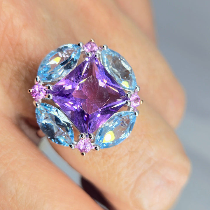 "Love Nest" Sz 8 Ring - Amethyst, Topaz, Sapphire, Anti-tarnish Sterling