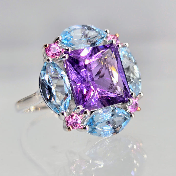 "Love Nest" Sz 8 Ring - Amethyst, Topaz, Sapphire, Anti-tarnish Sterling