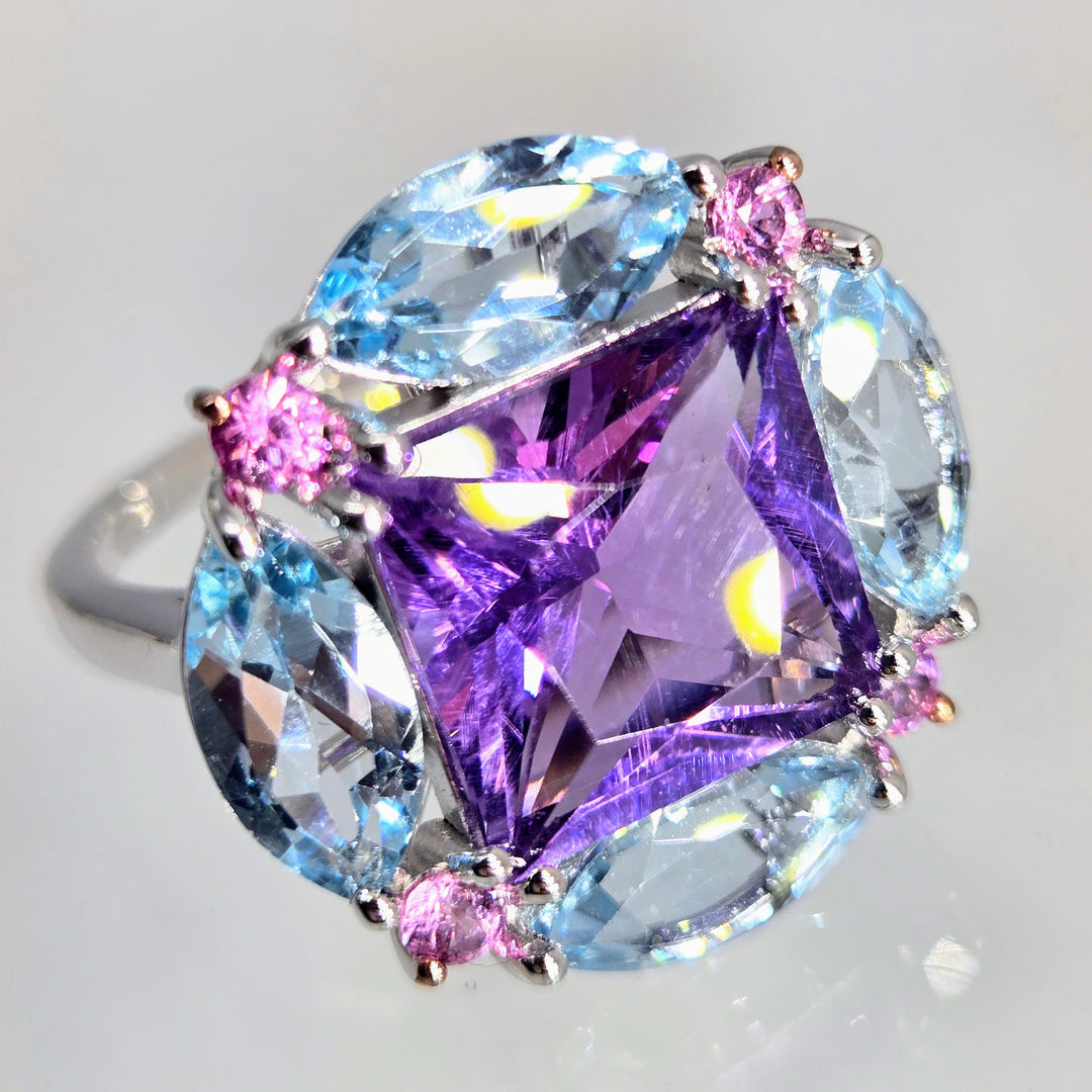 "Love Nest" Sz 8 Ring - Amethyst, Topaz, Sapphire, Anti-tarnish Sterling