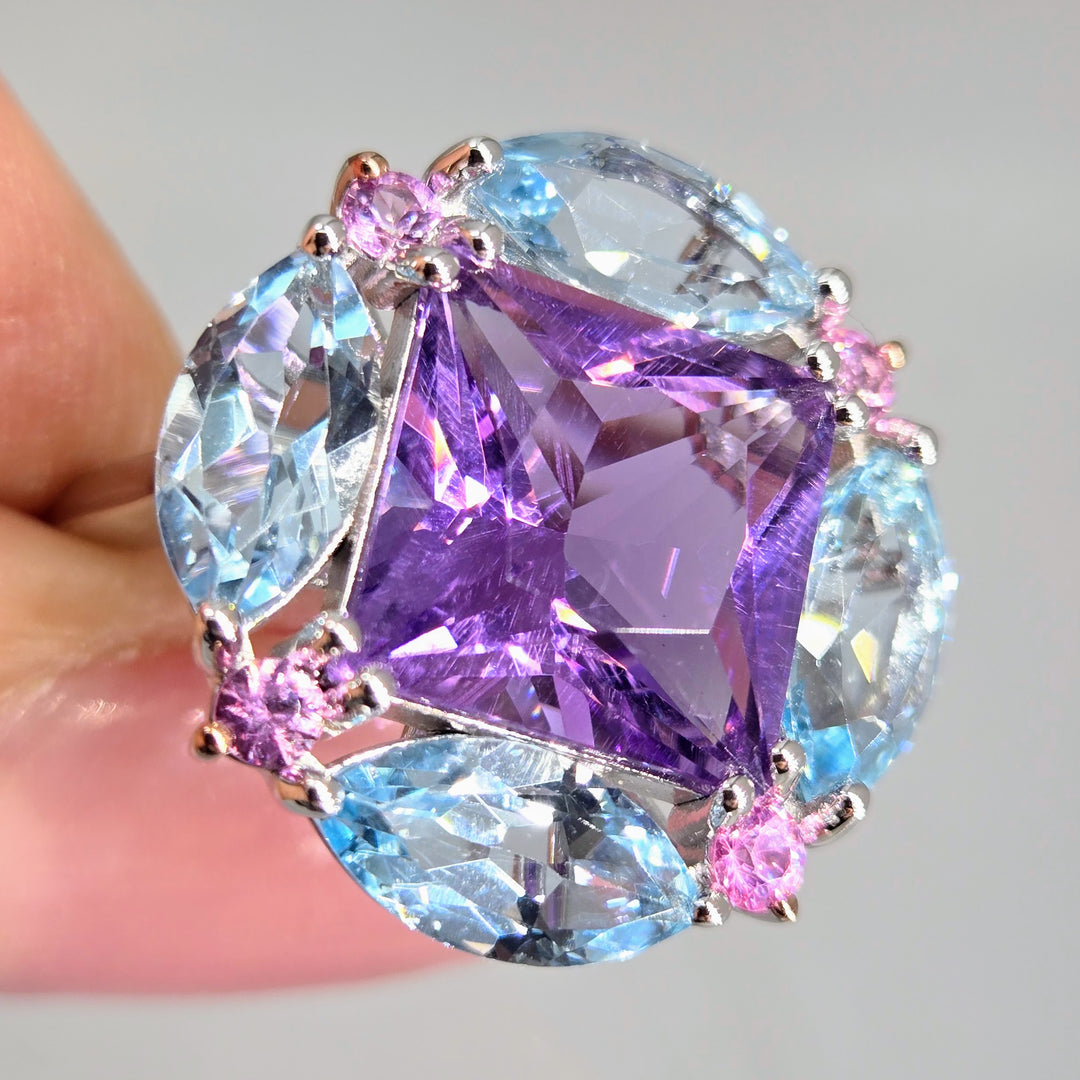 "Love Nest" Sz 8 Ring - Amethyst, Topaz, Sapphire, Anti-tarnish Sterling
