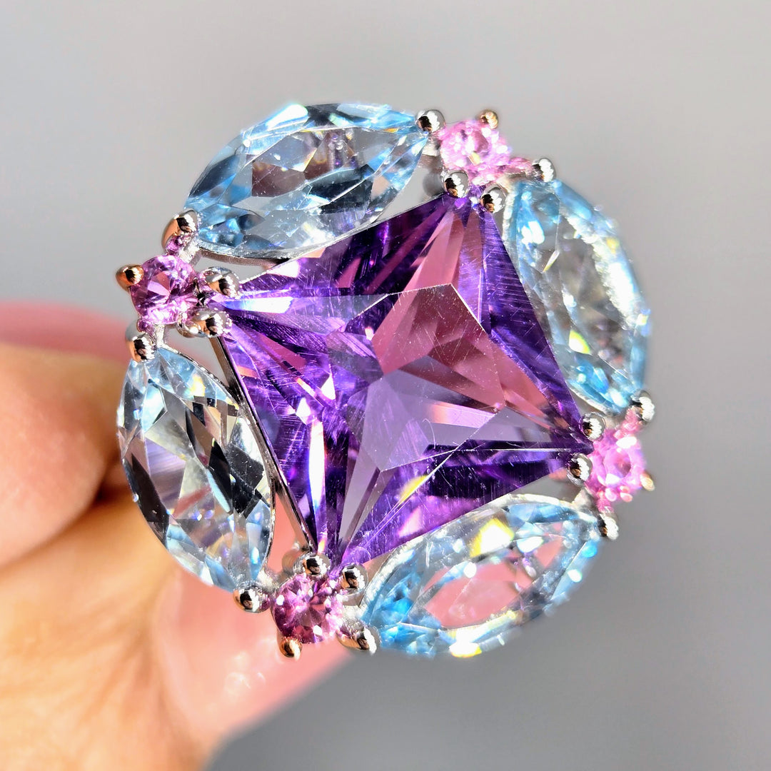 "Love Nest" Sz 8 Ring - Amethyst, Topaz, Sapphire, Anti-tarnish Sterling