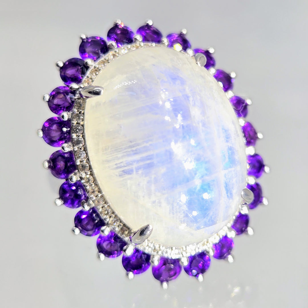 "Silvery Moon" Sz 7 Ring - Moonstone, Amethyst, White Zircon, Anti-tarnish Sterling