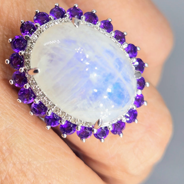 "Silvery Moon" Sz 7 Ring - Moonstone, Amethyst, White Zircon, Anti-tarnish Sterling