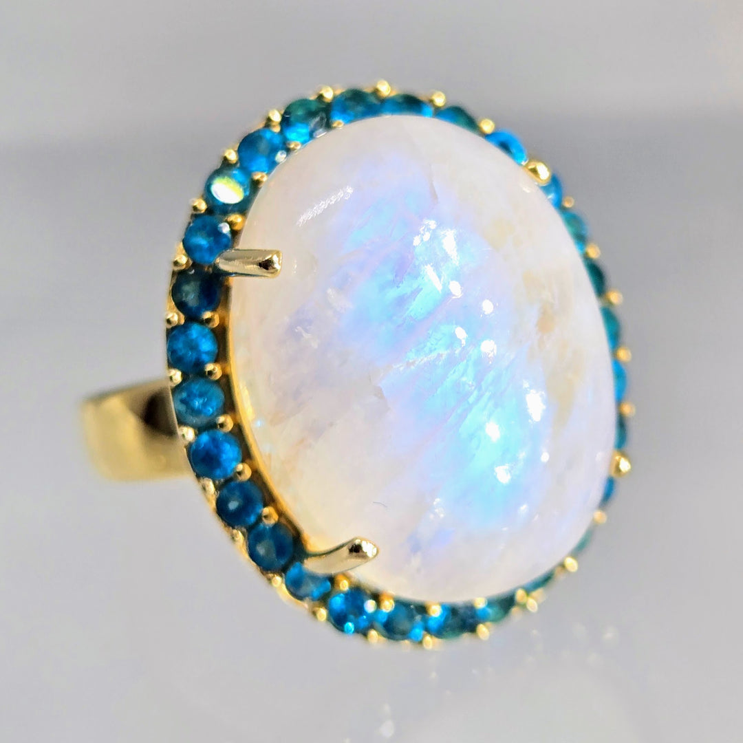 "Blue Moon" Sz 8 Ring - Moonstone, Neon Apatite, Anti-tarnish Gold Sterling