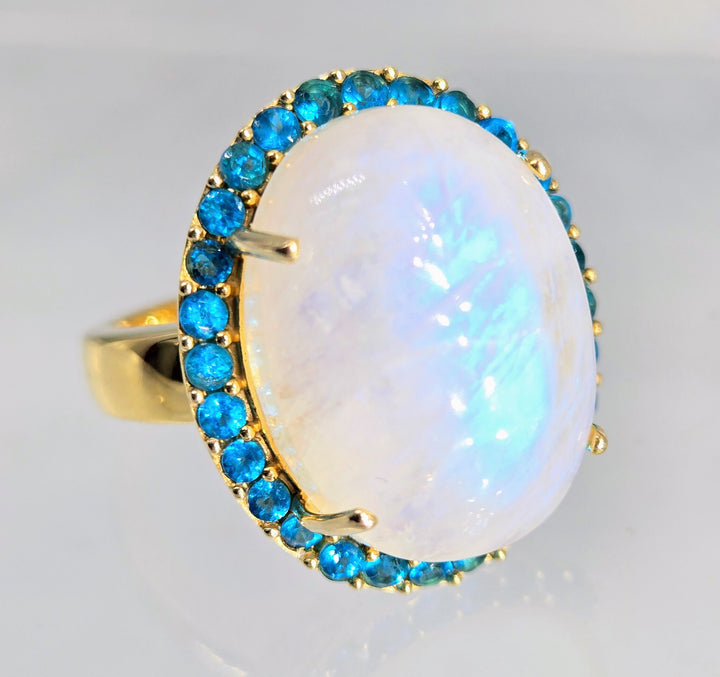 "Blue Moon" Sz 8 Ring - Moonstone, Neon Apatite, Anti-tarnish Gold Sterling