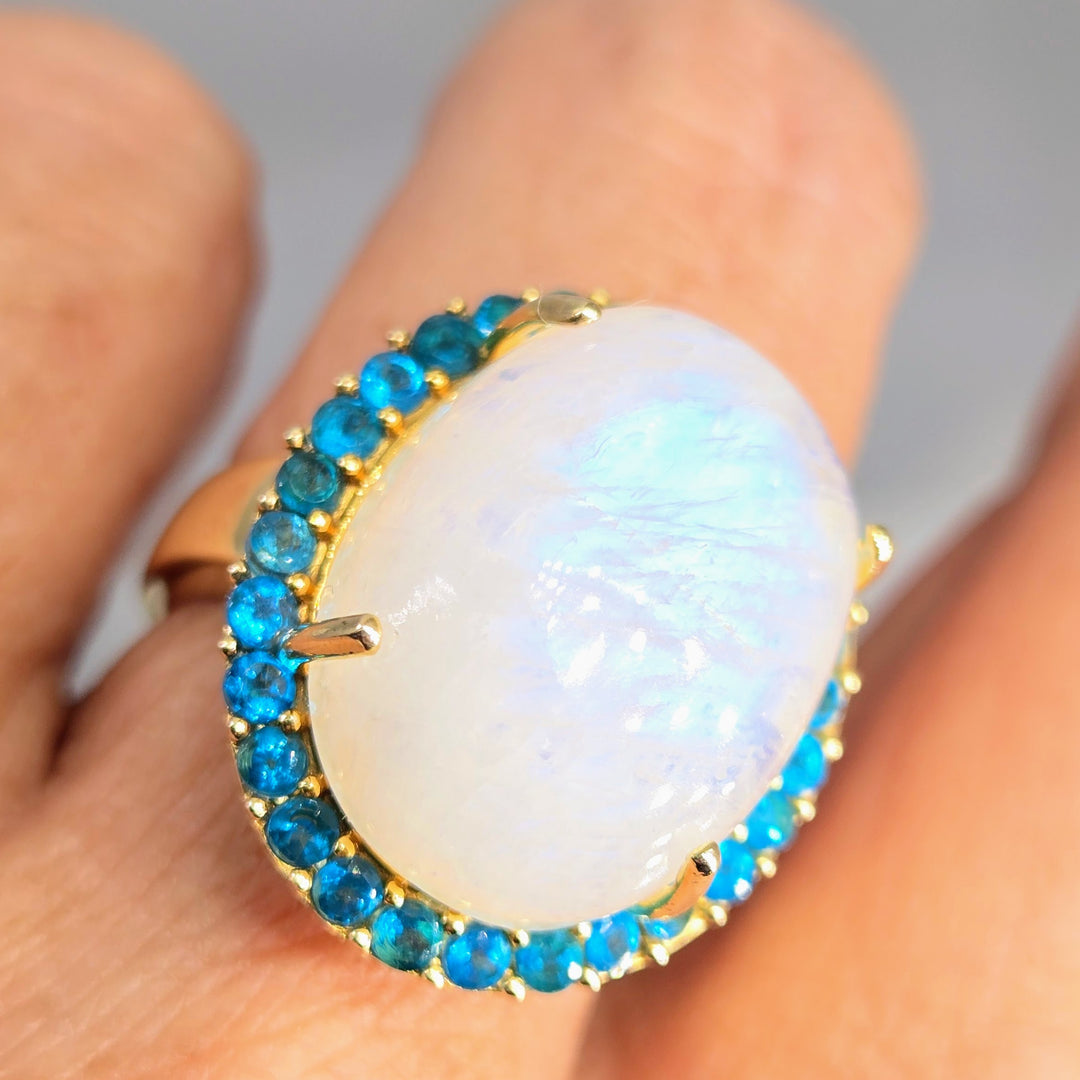 "Blue Moon" Sz 8 Ring - Moonstone, Neon Apatite, Anti-tarnish Gold Sterling