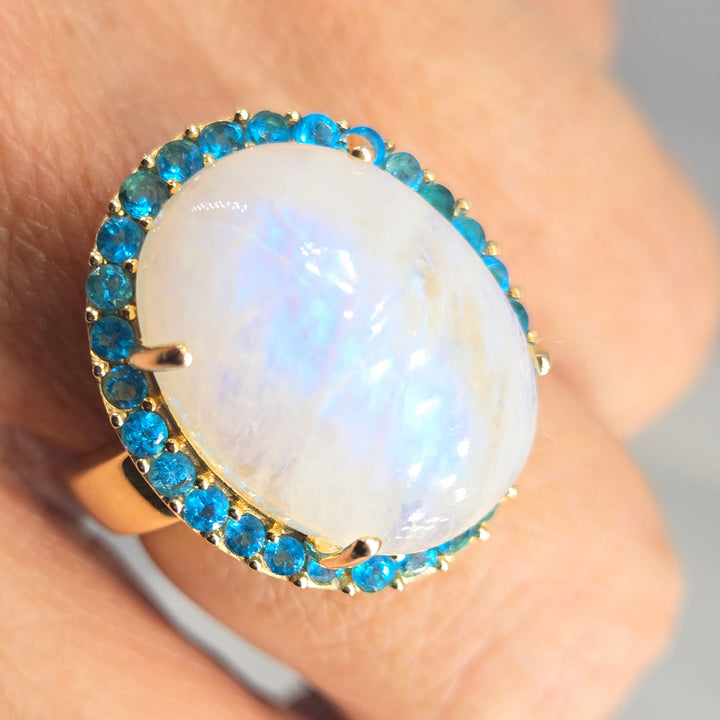 "Blue Moon" Sz 8 Ring - Moonstone, Neon Apatite, Anti-tarnish Gold Sterling