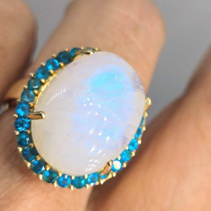 "Blue Moon" Sz 8 Ring - Moonstone, Neon Apatite, Anti-tarnish Gold Sterling