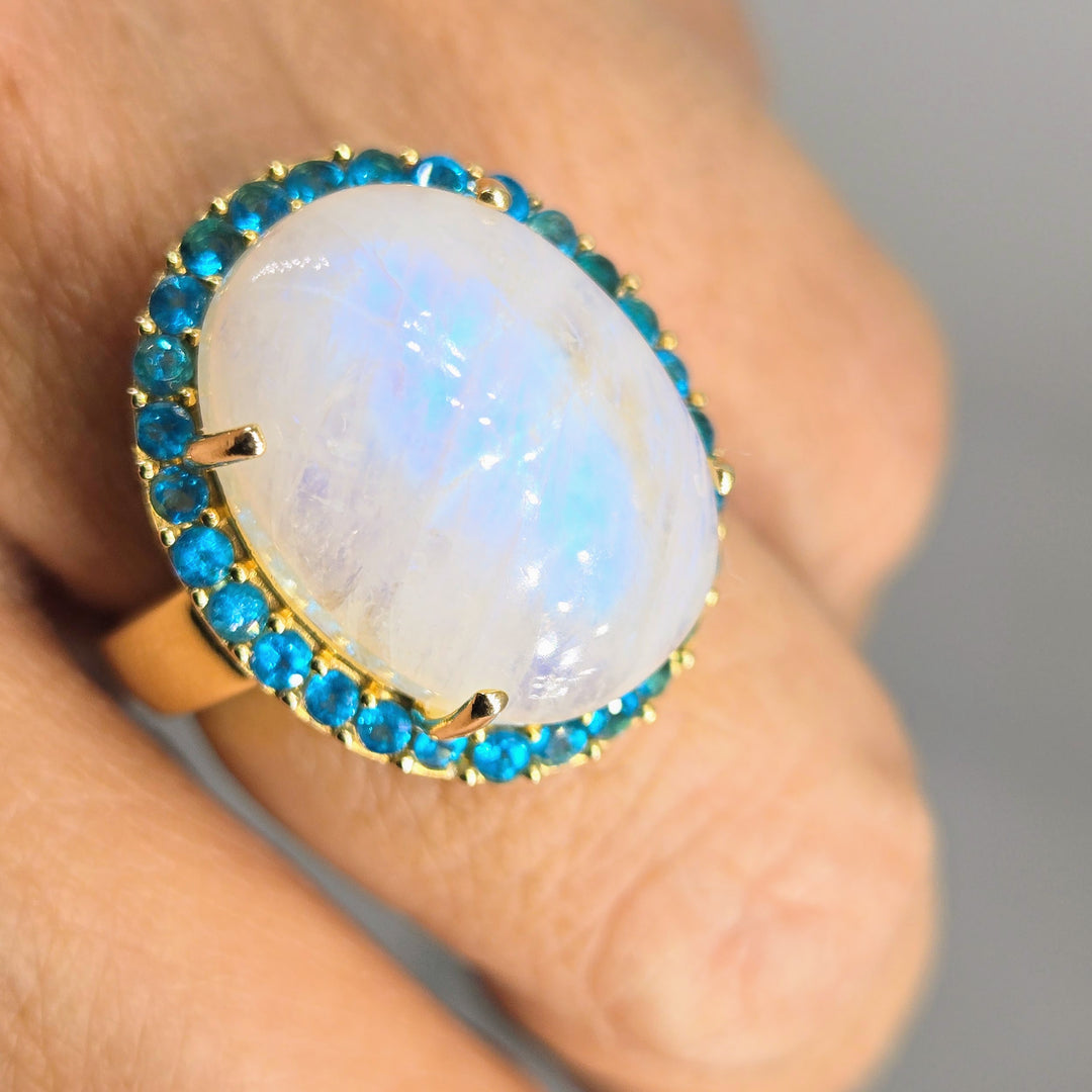 "Blue Moon" Sz 8 Ring - Moonstone, Neon Apatite, Anti-tarnish Gold Sterling