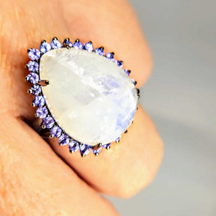 "Blue Heaven" Sz 7 Ring - Moonstone, Tanzanite, Black Rhodium Sterling
