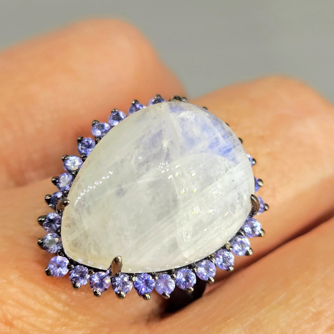 "Blue Heaven" Sz 7 Ring - Moonstone, Tanzanite, Black Rhodium Sterling
