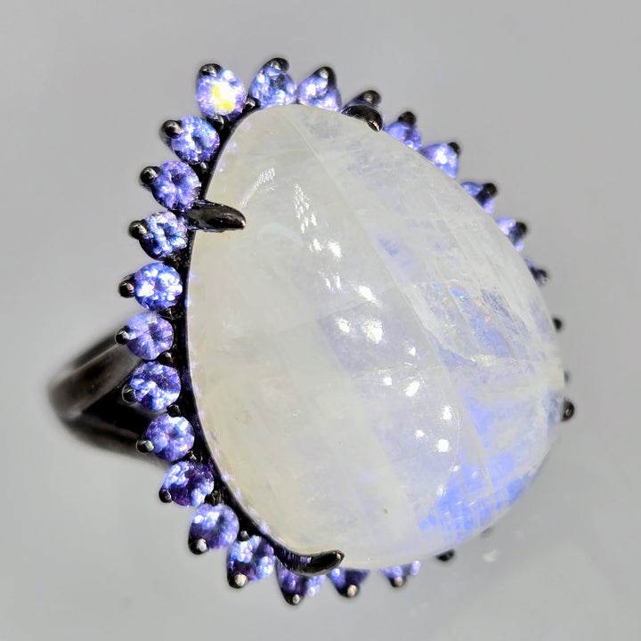 "Blue Heaven" Sz 7 Ring - Moonstone, Tanzanite, Black Rhodium Sterling