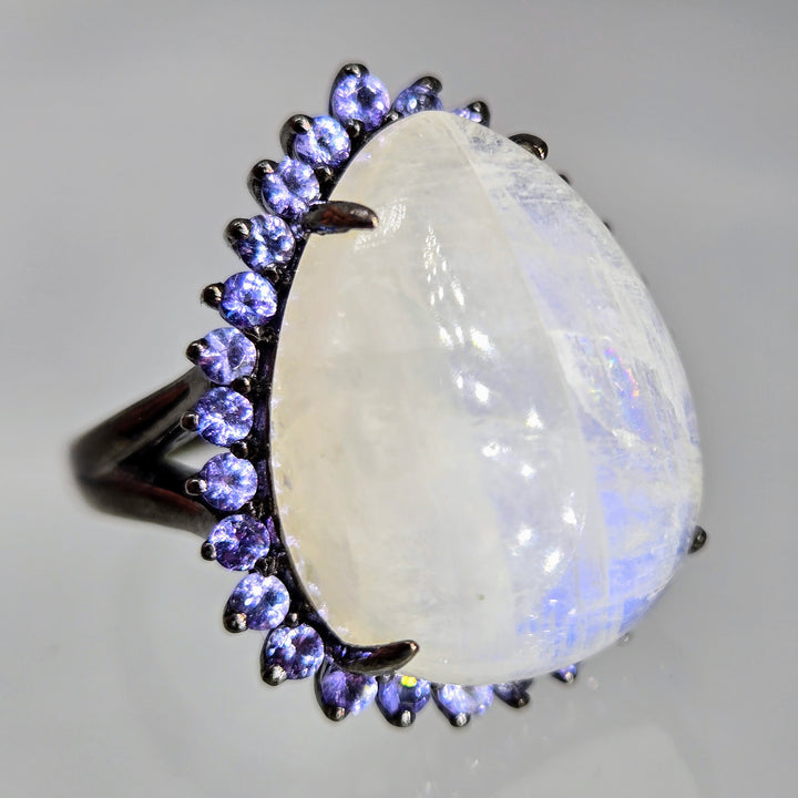 "Blue Heaven" Sz 7 Ring - Moonstone, Tanzanite, Black Rhodium Sterling