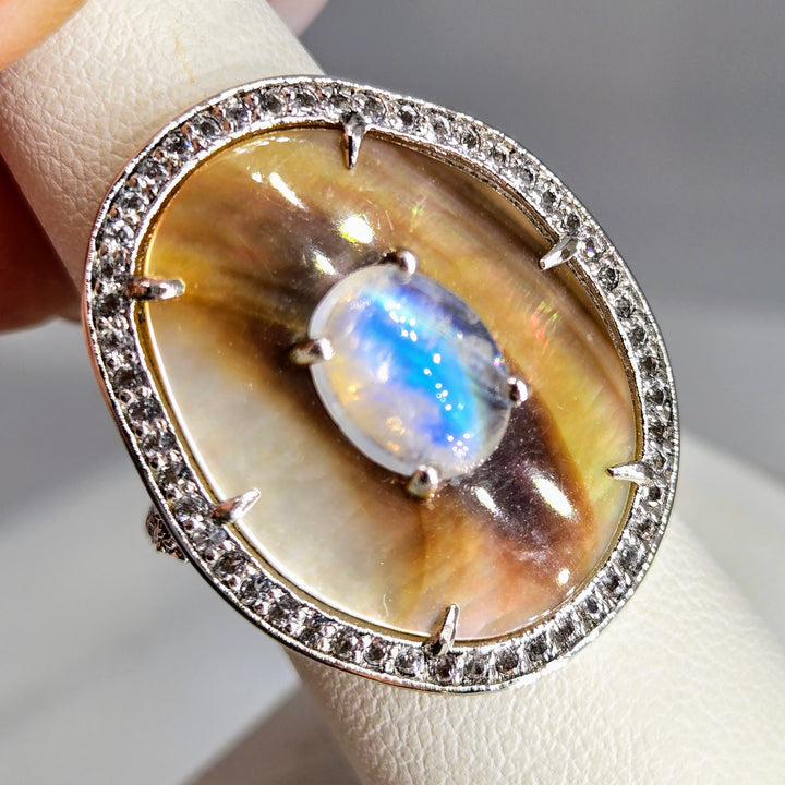 "Dusky Moon" Sz 7 Ring - Moonstone, Tahitian Mother Of Pearl, Zircon Stone, Anti-tarnish Sterling