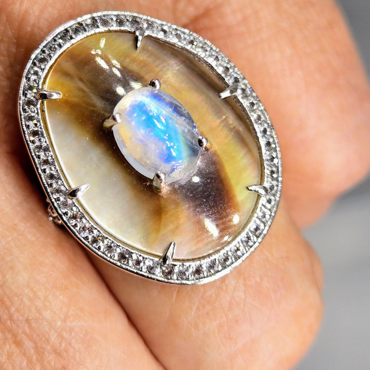 "Dusky Moon" Sz 7 Ring - Moonstone, Tahitian Mother Of Pearl, Zircon Stone, Anti-tarnish Sterling