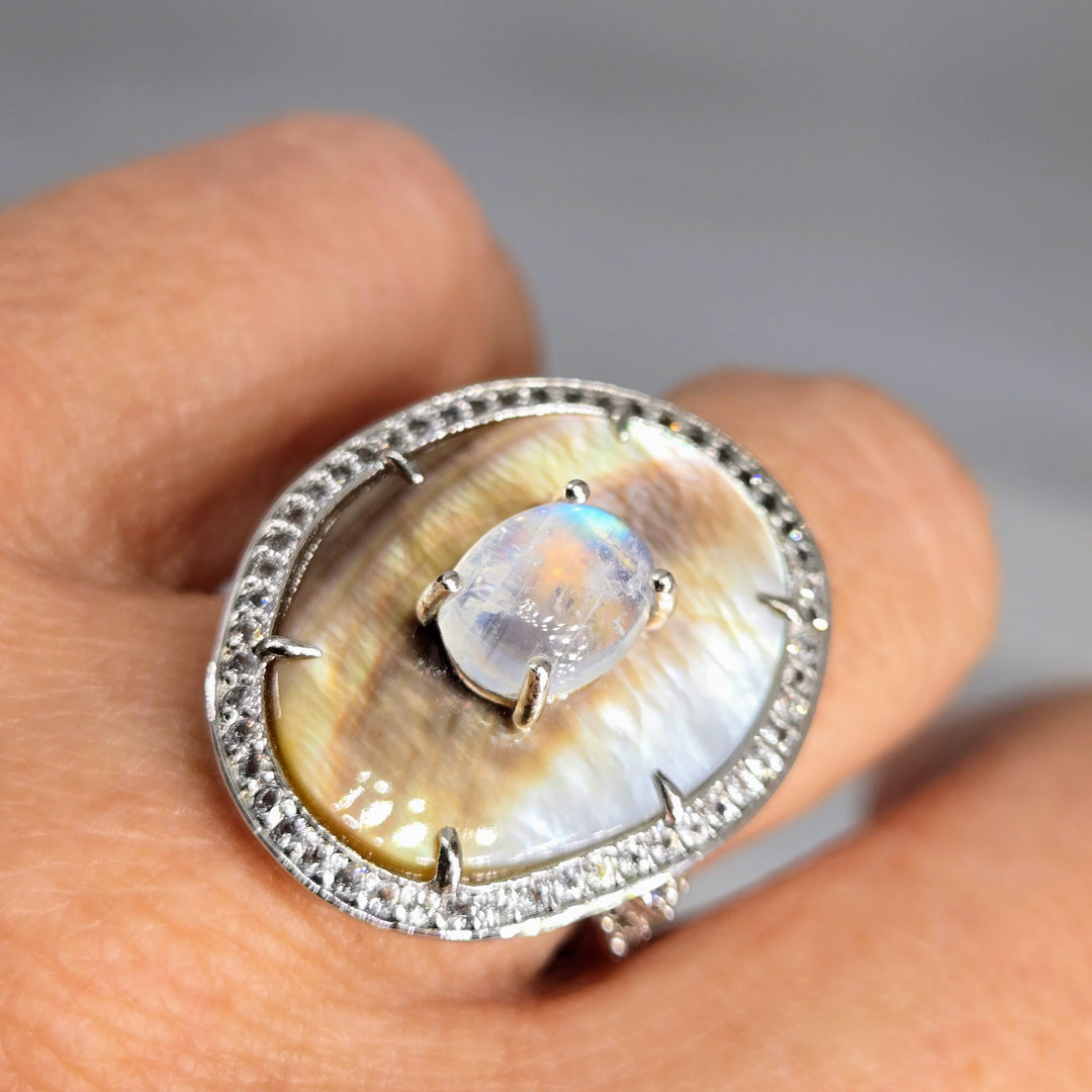 "Dusky Moon" Sz 7 Ring - Moonstone, Tahitian Mother Of Pearl, Zircon Stone, Anti-tarnish Sterling