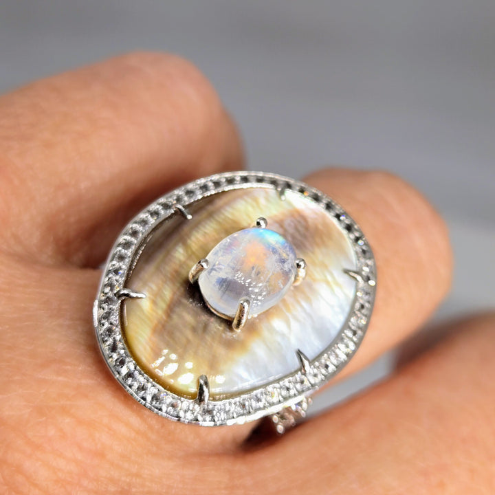 "Dusky Moon" Sz 7 Ring - Moonstone, Tahitian Mother Of Pearl, Zircon Stone, Anti-tarnish Sterling