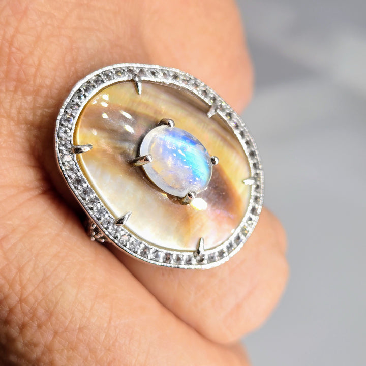 "Dusky Moon" Sz 7 Ring - Moonstone, Tahitian Mother Of Pearl, Zircon Stone, Anti-tarnish Sterling