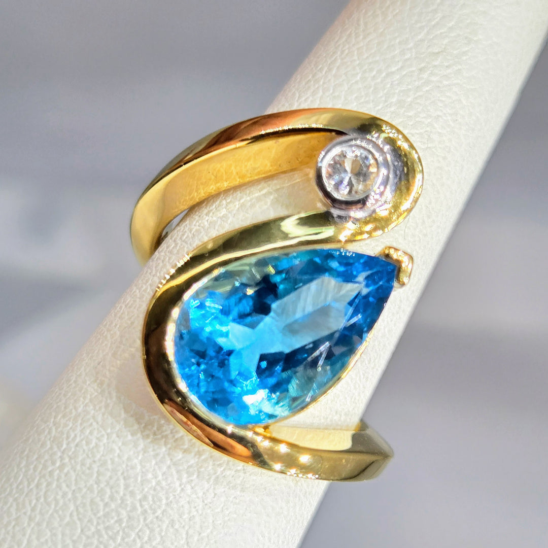 "The Wave" Sz 9 Ring - Blue Topaz, White Zircon, Anti-tarnish 18k Gold Sterling