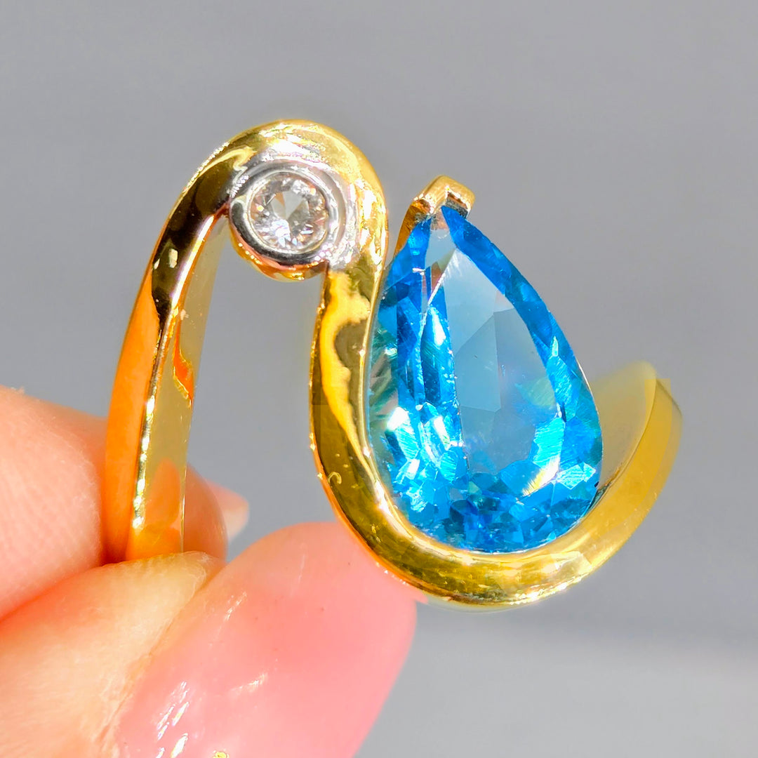 "The Wave" Sz 9 Ring - Blue Topaz, White Zircon, Anti-tarnish 18k Gold Sterling