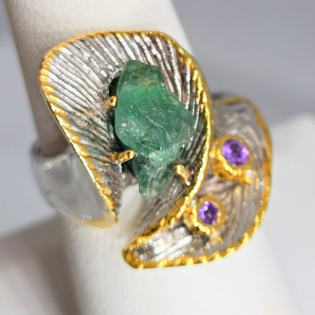 "Kryptonite!" Sz 8 Ring - Raw Emerald, Amethyst, Anti-tarnish Sterling, 18k Accents