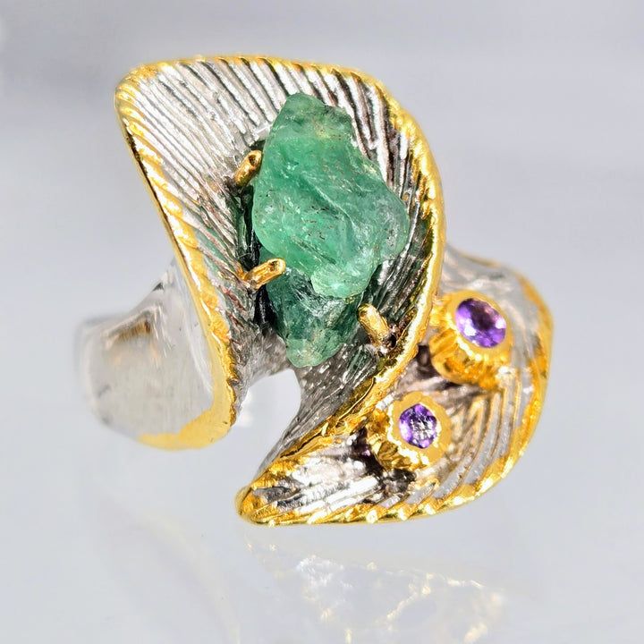 "Kryptonite!" Sz 8 Ring - Raw Emerald, Amethyst, Anti-tarnish Sterling, 18k Accents